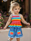 Girls' Rainbow Striped Suspenders Top and Imitation Denim Shorts Set, Perfect for Outdoor FD6124D